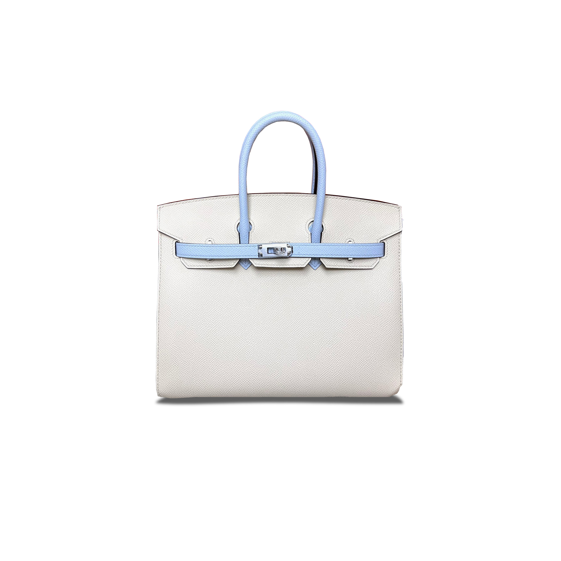 HERMES MASTER BIRKIN 25 EPSOM CREAM WHITE AND MIST BLUE SILVER BUCKLE H028369CK2V (25*18*13cm)